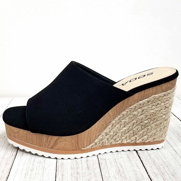 New Black Espadrille Platform Wedge Slide Sandals - Picture 3 of 4